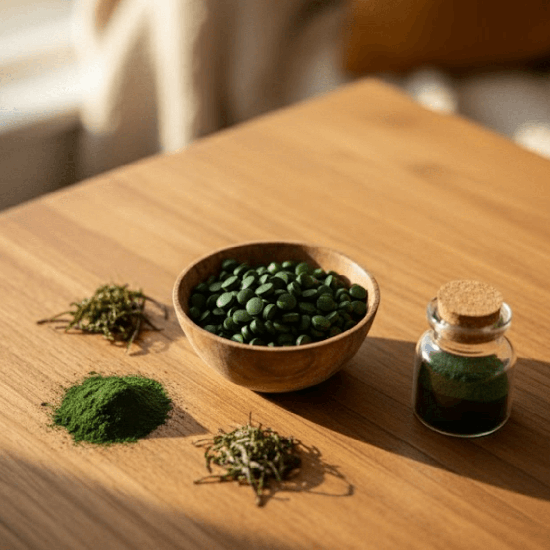 ENERGYbits tablety z řas, spirulina a chlorella, na dřevěném pozadí